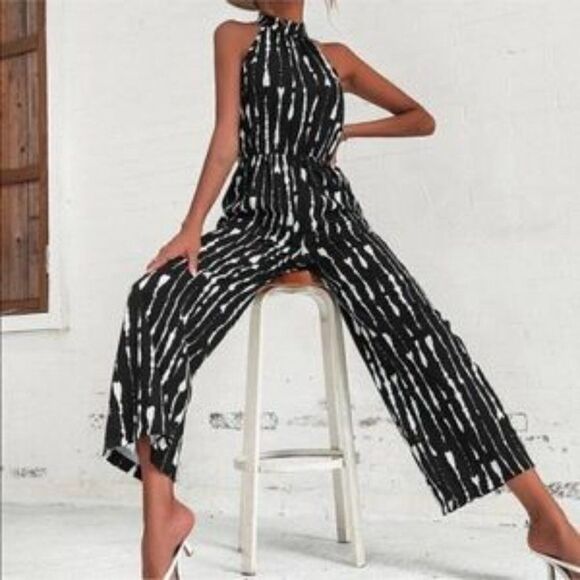 New Boho Sexy Summer Jumpsuit Halter Neck Sleeveless Chiffon Wide Leg Long Pant - Picture 1 of 11